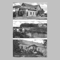 106-0029 Eine alte Postkarte mit den Abbildungen des Gasthauses Podien mit der Tankstelle, der Schleuse und der Gartenansicht des Gutshauses.jpg